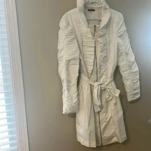 [M]Samuel Dong White Bubble Sleeves  Belted Dress Trench Coat - Picture 2 of 11